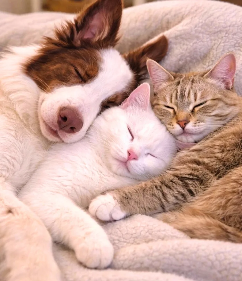 Scooby dorme ao lado de dois gatos sobre uma manta clara